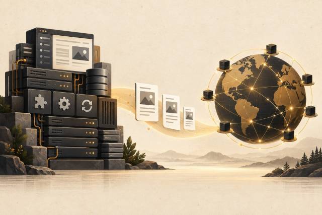A complex dynamic website stack becoming lightweight static pages delivered through a global network