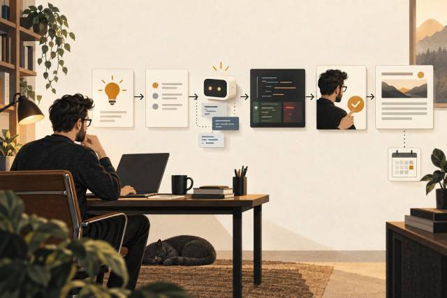 A developer guiding an AI-assisted path from an article idea through review and scheduled publication