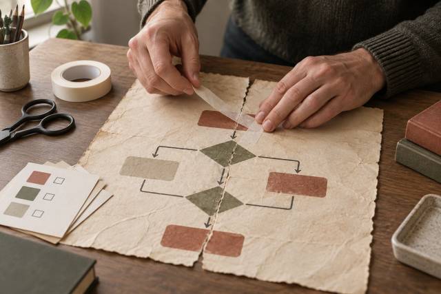 Hands repairing a torn paper flowchart before changing a legacy application