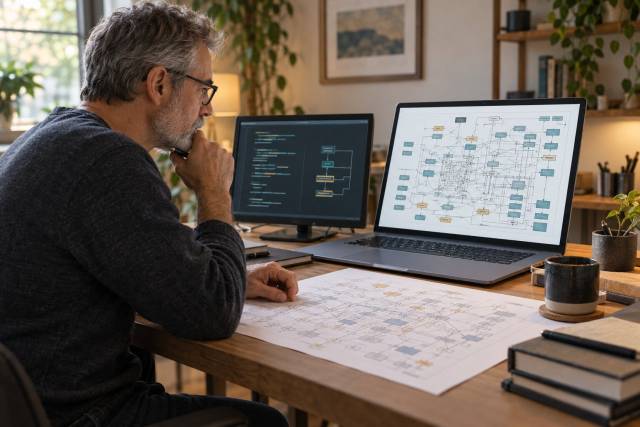 Senior developer reviewing a legacy dependency map and technical exercise