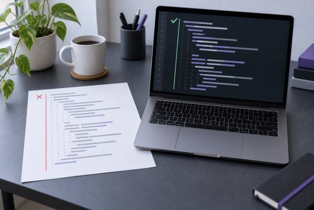 A clean code review workspace comparing a marked paper listing with corrected code