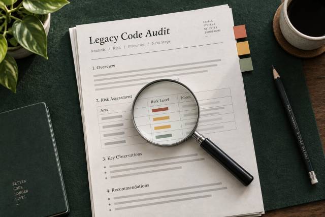 A legacy code audit document reviewed with a magnifying glass and risk tabs