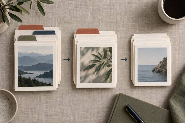 Magazine-style article cards arranged into sequential page stacks with a preserved topic tab