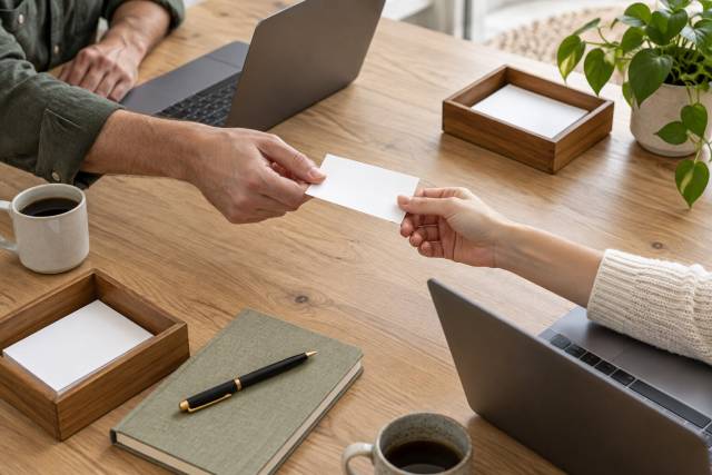 Two people exchanging paper messages between workspaces at a shared table
