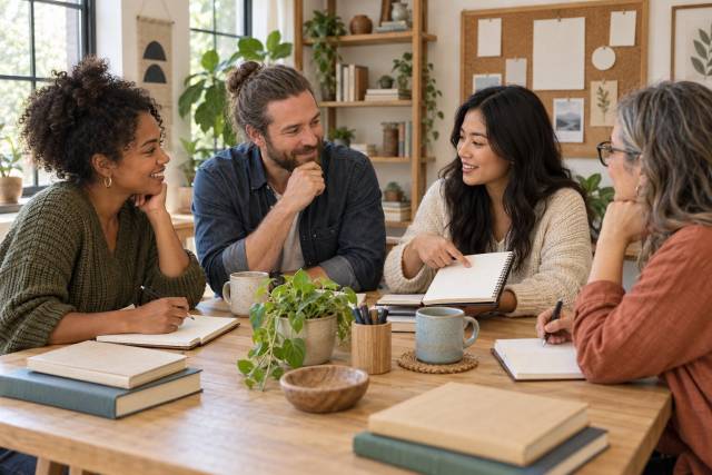 Adults learning together around a table in a bright community workspace