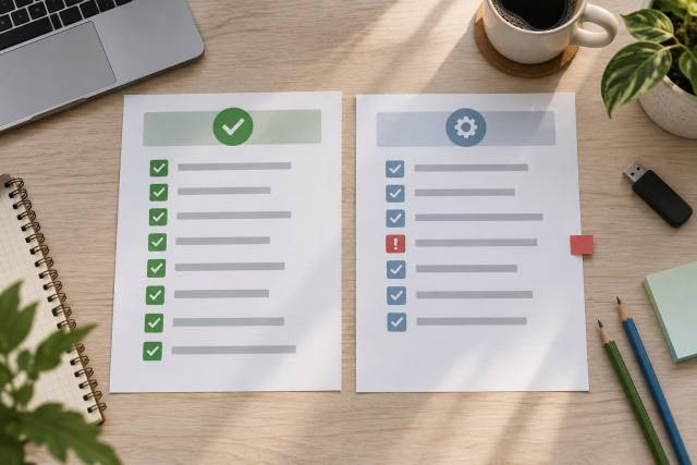 A release checklist comparing stable and upcoming WordPress builds at a daylight quality-assurance desk