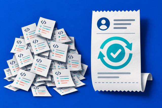 Code activity slips beside a checked subscription renewal receipt representing an accepted customer outcome