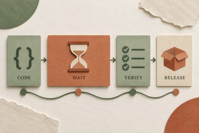 Overhead software delivery cards separating coding, waiting, verification, and release