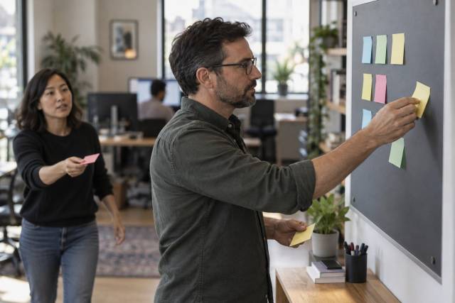 A software manager and developer discussing an urgent request beside a software issue tracker