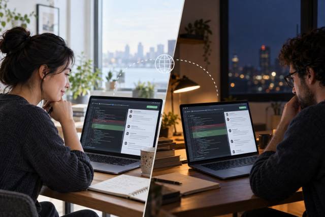Remote developers reviewing a code change during different daylight hours