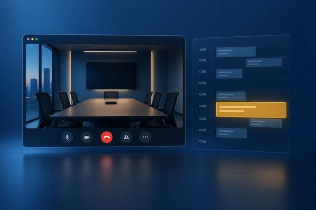 An empty video meeting beside a calendar separating routine updates from decision time