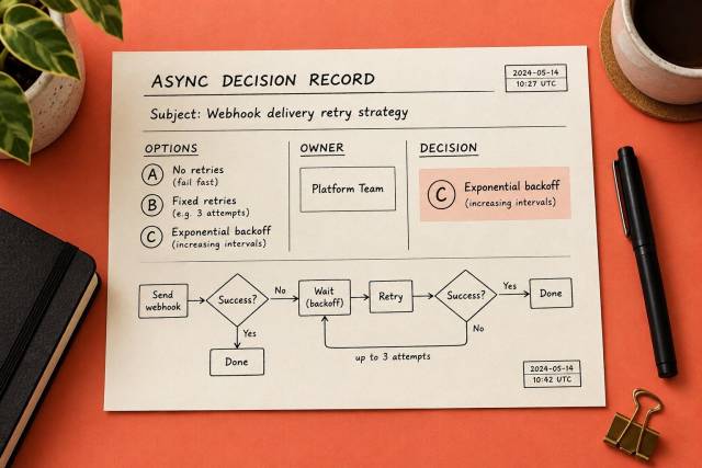 An asynchronous webhook retry decision record with options, an owner, and a recorded choice