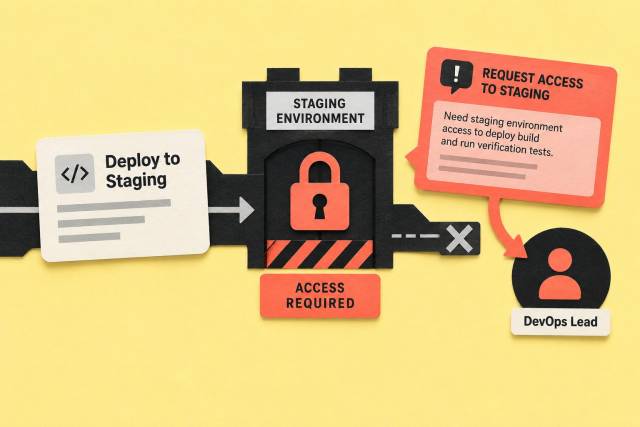 A staging deployment blocked by missing access with a help request routed to the responsible owner