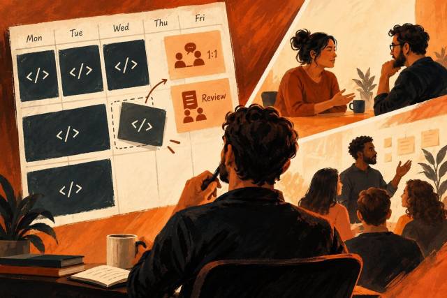 A software manager calendar balancing coding blocks with feedback and team leadership commitments