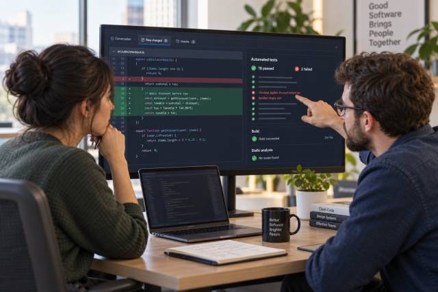 A software team reviewing an AI-generated code diff and its test results