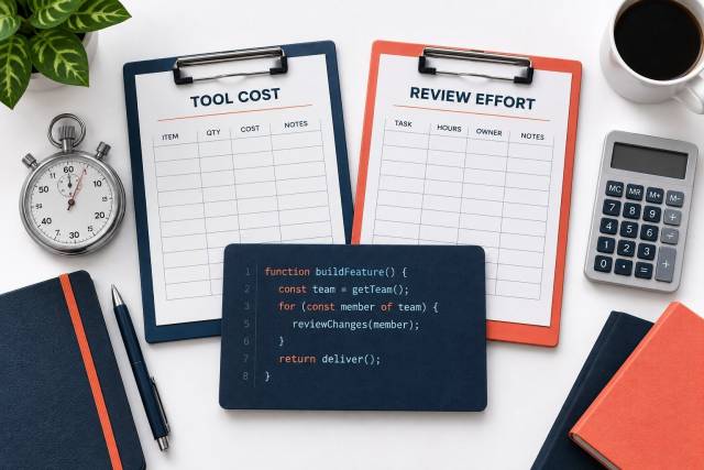 Tool cost and review effort ledgers beside a software task card and stopwatch