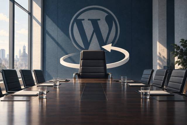 AI editorial illustration of an empty executive chair encircled by a return arrow, with a WordPress emblem behind it