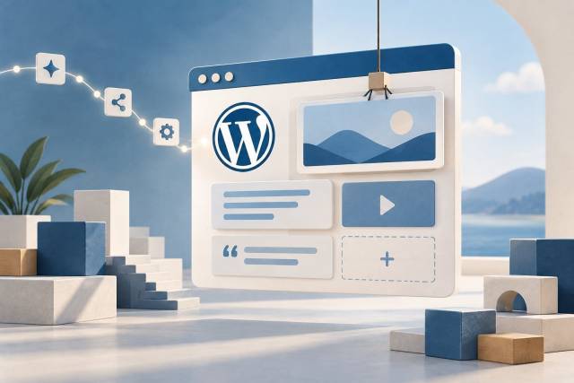 AI editorial illustration of modular website blocks in a WordPress browser window connected to a path of tool icons