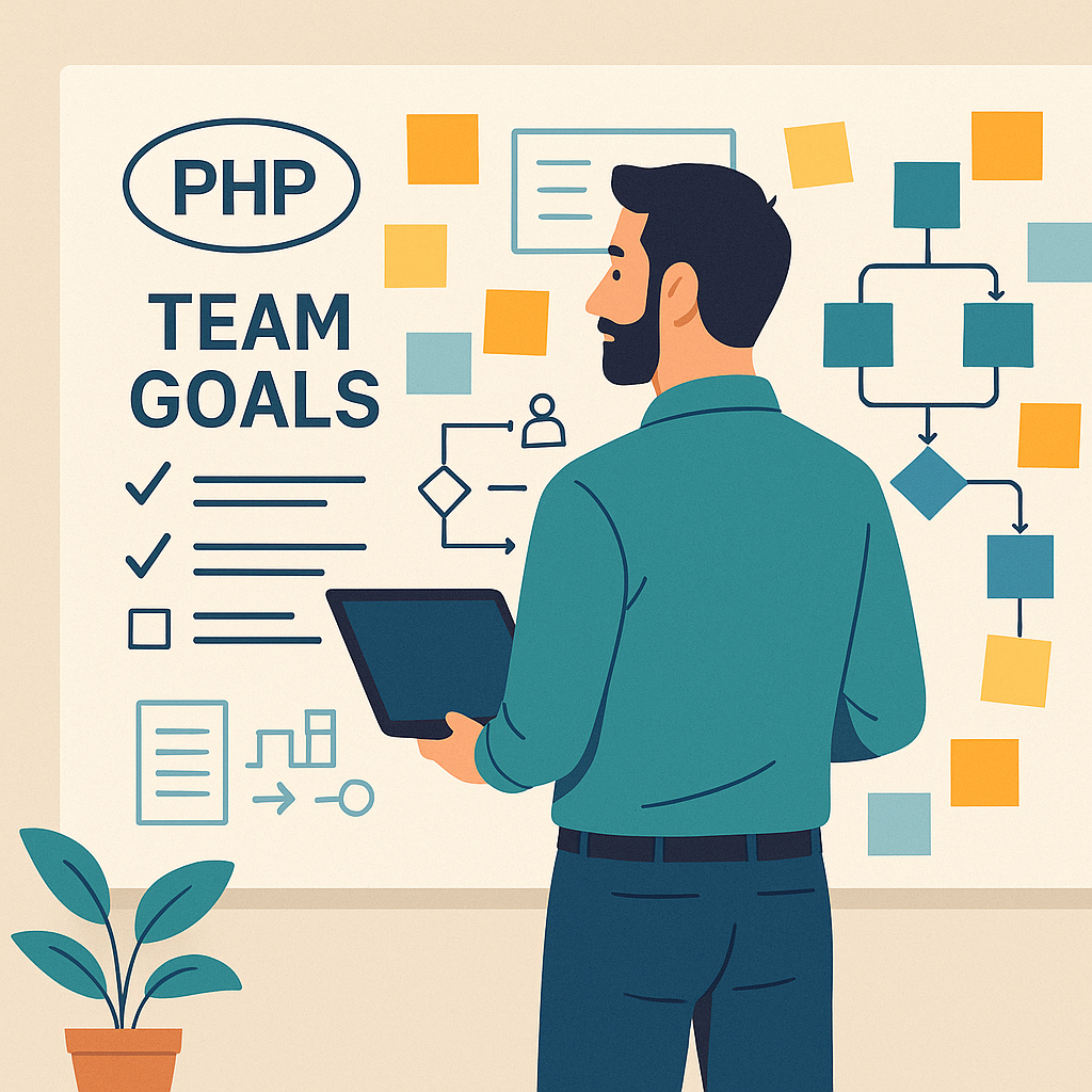 A flat-style digital illustration shows a PHP developer standing in front of a whiteboard full of team goals, flowcharts, and sticky notes—symbolizing the transition from coding to leadership.