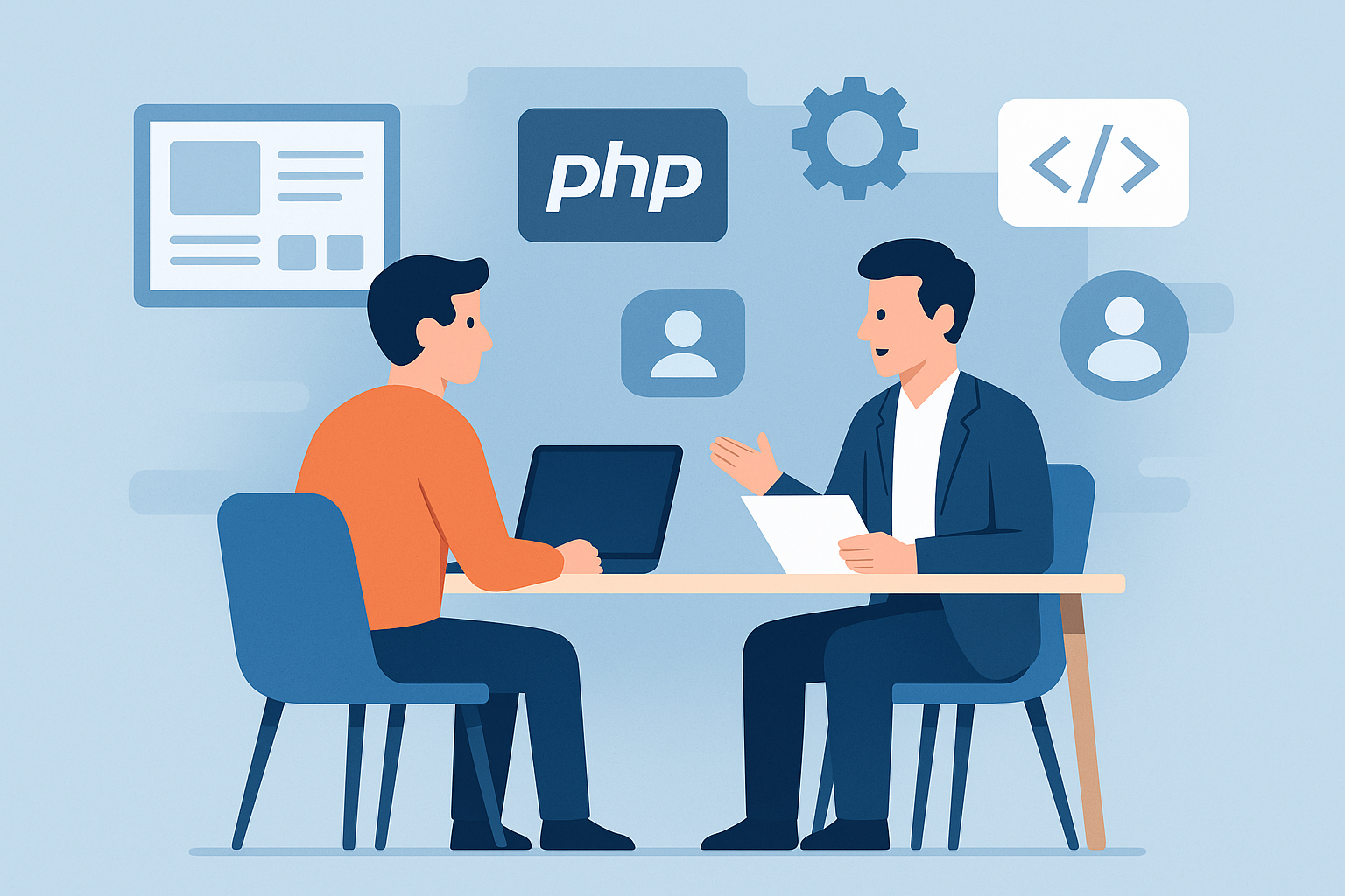 A flat-style digital illustration of a PHP developer being interviewed, with code and UI icons in the background.