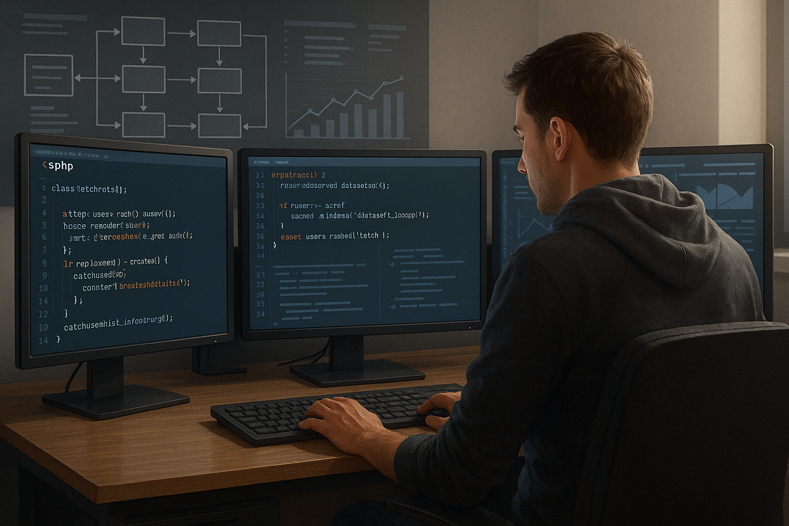 A digital illustration of a software engineer reviewing complex PHP code on multiple monitors, with flowcharts and performance graphs in the background, symbolizing thoughtful code optimization.